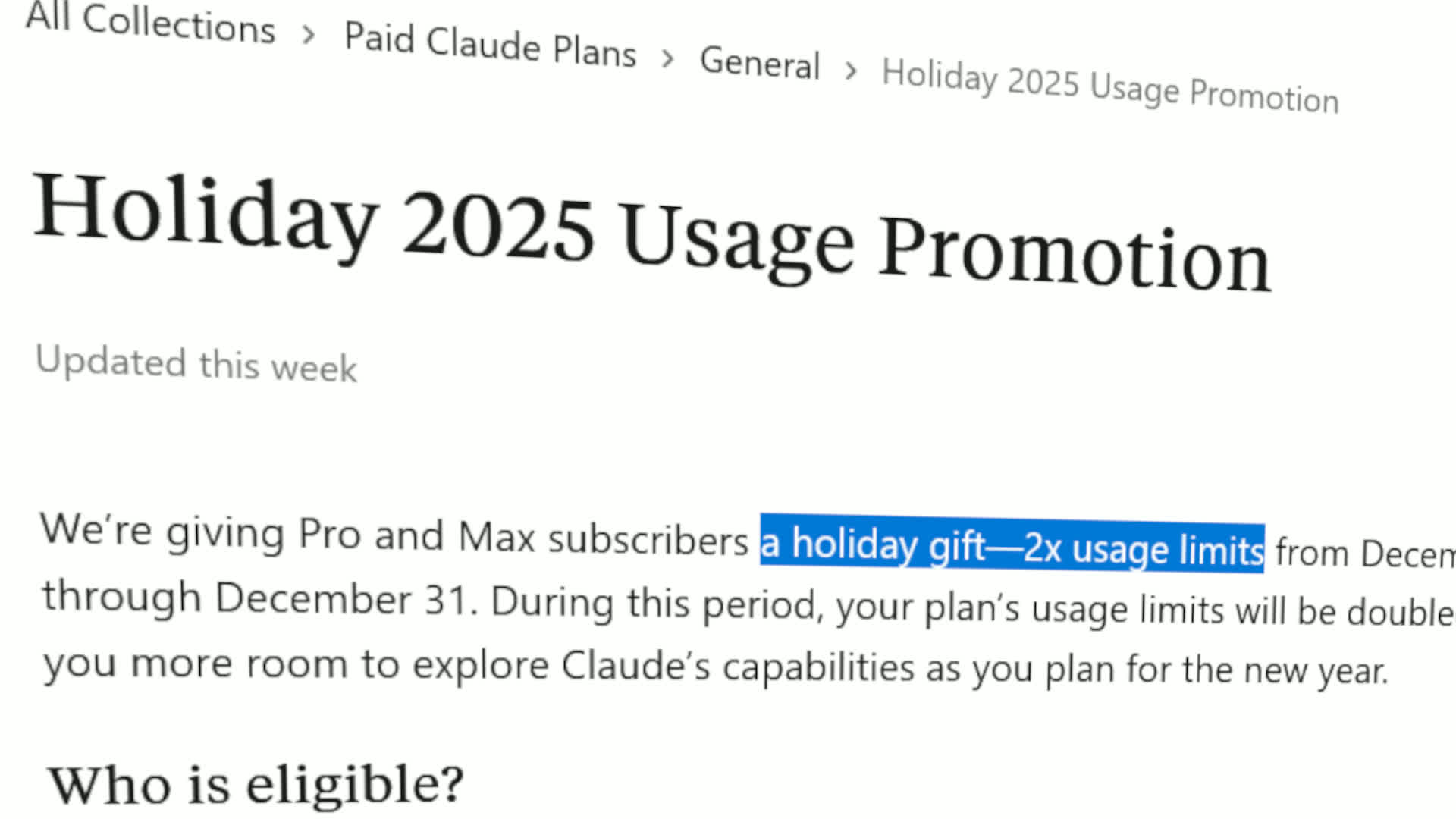 Claudeが2025年末まで制限を2倍とするキャンペーンを発表するWebページのスクリーンショット。「a holiday gift—2x usage limits」の部分が強調されている。2025年12月25日作成。