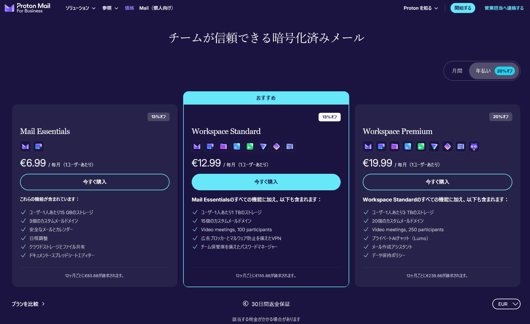 Proton Workspaceのプラン比較ページのスクリーンショット