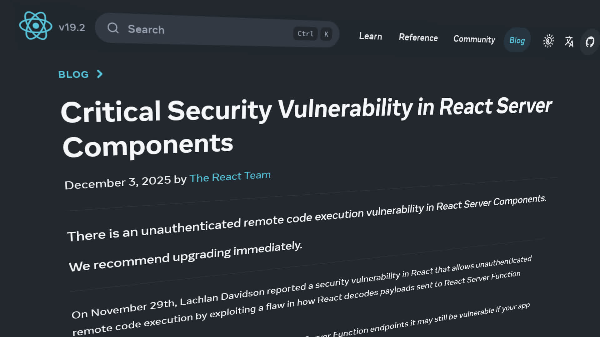 脆弱性の説明を行うReact公式ブログのスクリーンショット