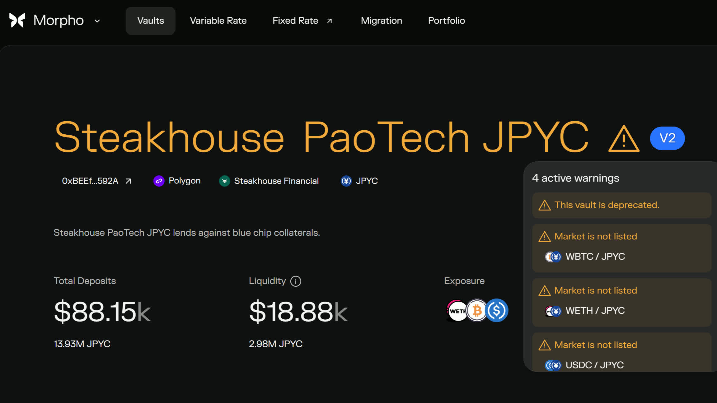 2026年8月10日時点での「Steakhouse PaoTech JPYC」Vaultのスクリーンショット。Vaultが非推奨である旨の表示に加え、対USDC・WETH・WBTC各市場がリストアップされていないとの警告が表示されている