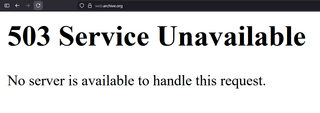 WaybackMachineのWebサイトにおける503エラーのスクリーンショット。2025/11/20、日本時間13時05分時点。